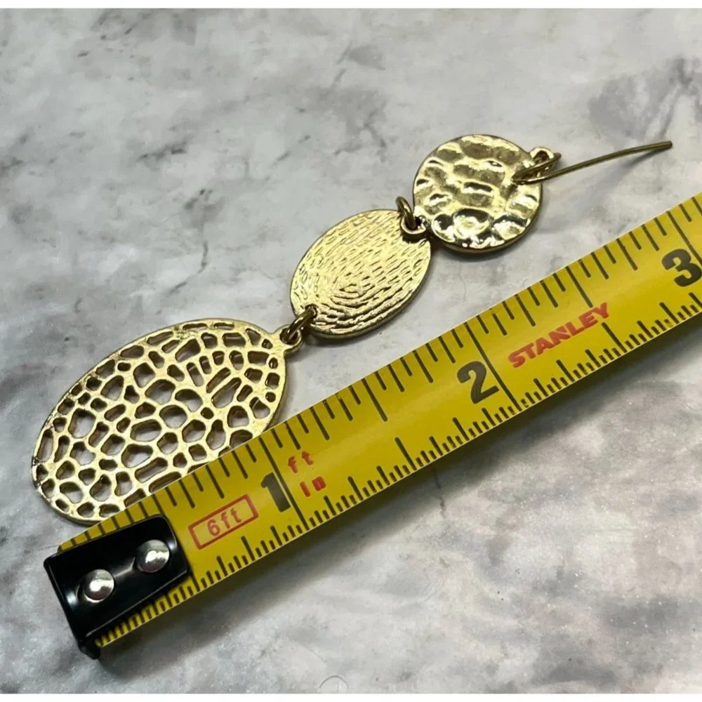 Vintage Dangle Earrings Gold Tone 3 Tiers Filagree Hammered Textured